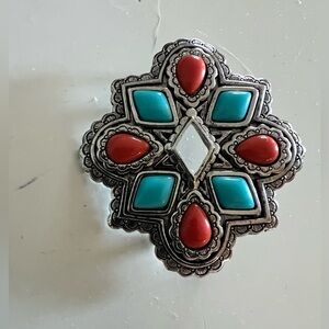 Vintage Avon American Spirit brooch or pendant. Silver tone with blue and coral.